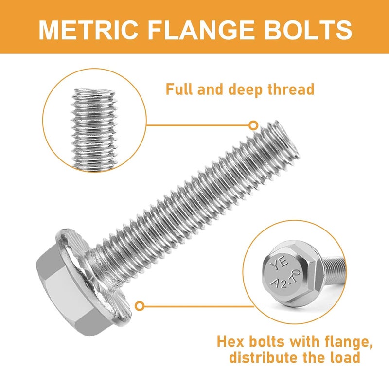 VIGRUE M6-1.0 x 12/16/20/25/30mm Flanged Hex Head Bolts, VIGURE 135PCS M6 Flange Hexagon Screws Serrated Flange Nuts Washers, Stainless Steel 18-8 (304), DIN 6921 - Image 2